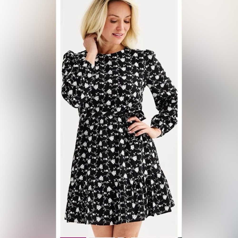 Draper James Women's medium Black and White Embroidered Long Sleeve Dress - Picture 1 of 14